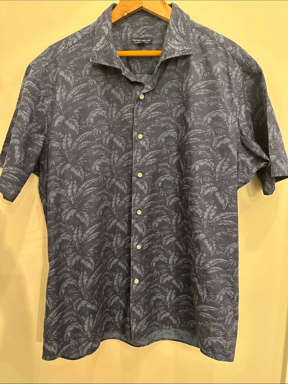 Peter Millar Navy Palm-Print Short-Sleeve Button-Down Shirt